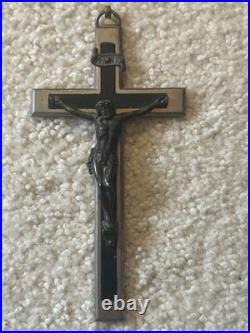 Antique Germany Metal Ebony Wood Crucifix Cross Religious Relic 1900's RARE