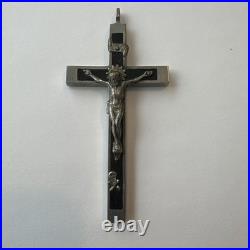 Antique Germany Metal Ebony Wood Crucifix Cross Religious Relic 1900's RARE