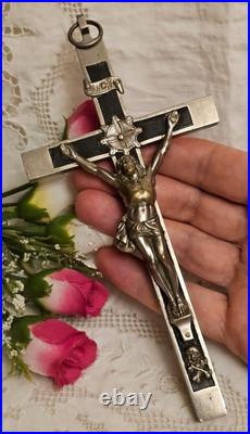 Antique Germany Metal Ebony Wood Crucifix Cross Religious Relic 1900's RARE Antique Germany Metal Ebony Wood Crucifix Cross Religious Relic 1900's RARE