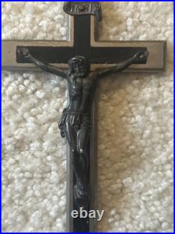 Antique Germany Metal Ebony Wood Crucifix Cross Religious Relic 1900's RARE