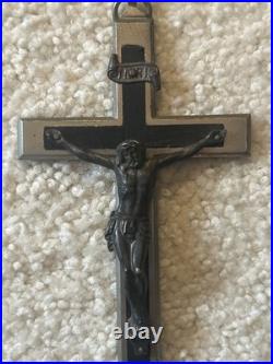 Antique Germany Metal Ebony Wood Crucifix Cross Religious Relic 1900's RARE
