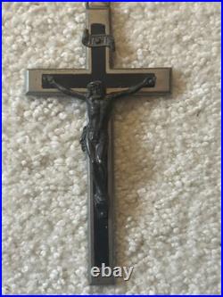 Antique Germany Metal Ebony Wood Crucifix Cross Religious Relic 1900's RARE