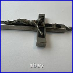 Antique Germany Metal Ebony Wood Crucifix Cross Religious Relic 1900's RARE