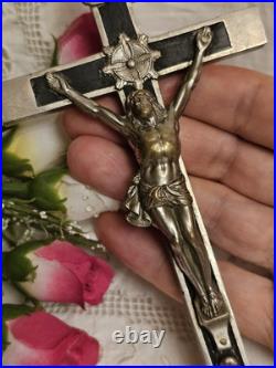 Antique Germany Metal Ebony Wood Crucifix Cross Religious Relic 1900's RARE Antique Germany Metal Ebony Wood Crucifix Cross Religious Relic 1900's RARE