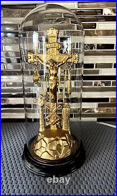 Antique Gilded Arma Christi Religious Crucifix Skull and Bones 3D in Domed Glass