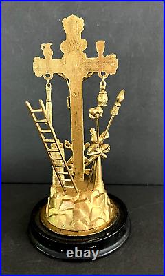 Antique Gilded Arma Christi Religious Crucifix Skull and Bones 3D in Domed Glass