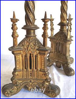 Antique Gilded Bronze Gothic Church Candlesticks Candelabra Religious 29 Inches
