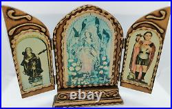 Antique Gilded Triptych Reliquary religious art wood Oratory Altarpiece 10.6