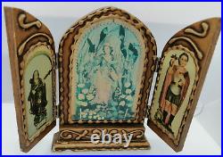 Antique Gilded Triptych Reliquary religious art wood Oratory Altarpiece 10.6