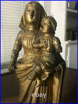 Antique Gilded Wood Religious Statue Mother & Child / 18th 19th Century