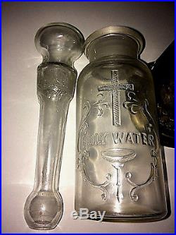 Antique Glass Holy Water Bottle With Glass Aspergillum Religious Item
