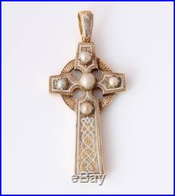 Antique Gold Enamel & Pearl Celtic Cross Pendant. Religious Crucifix Necklace
