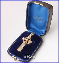 Antique Gold Enamel & Pearl Celtic Cross Pendant. Religious Crucifix Necklace