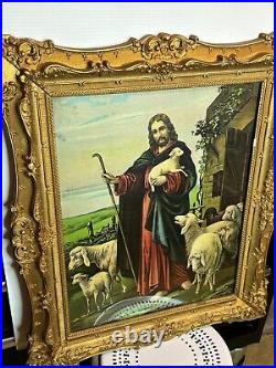 Antique Gold Ornate Wood Framed Print Religious Jesus Lamb of God Print 27 x 23