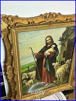 Antique Gold Ornate Wood Framed Print Religious Jesus Lamb of God Print 27 x 23