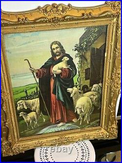 Antique Gold Ornate Wood Framed Print Religious Jesus Lamb of God Print 27 x 23