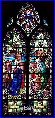 Antique Gothic Church Religious Stained Glass Window Depicting Mary & Elizabeth