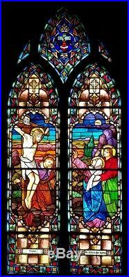 Antique Gothic Church Religious Stained Glass Window Depicting The Crucifixion