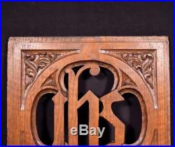 Antique Gothic French Oak Wood Religious Panel IHS Symbol Salvage