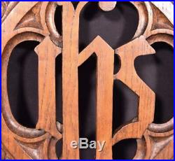 Antique Gothic French Oak Wood Religious Panel IHS Symbol Salvage