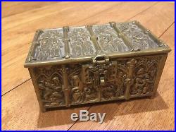Antique Gothic Miniature Brass Coffer Chest Medieval Religious Jewellery Box