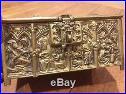 Antique Gothic Miniature Brass Coffer Chest Medieval Religious Jewellery Box