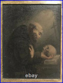 Antique Grand Master Oil Painting Memento Mori Religious Art Saint & Skull