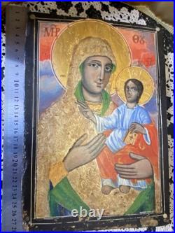 Antique Greek Icon Orthodox Christian Religious Virgin Mary Mother&Jesus Christ