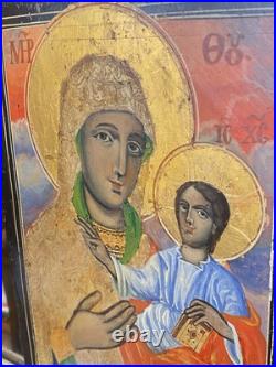 Antique Greek Icon Orthodox Christian Religious Virgin Mary Mother&Jesus Christ