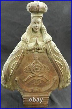 Antique Hand Carved Religious Wooden Santo, Our Lady of Fatima Statue 14