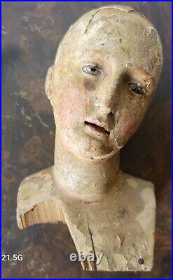 Antique Hand Carved Wood Santo Madonna Head Catholic Religious Sculpture c1700s