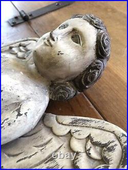 Antique Hand Carved Wood Signed Religious Angel Santos Wall Hanging Sculpture