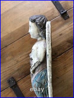 Antique Hand Carved Wood Signed Religious Angel Santos Wall Hanging Sculpture