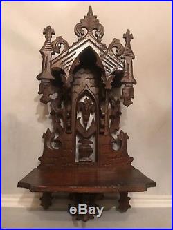 Antique Hand Carved Wood Wall Shelf Gothic Shrine for Religious Statue