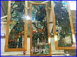 Antique Hand Made Religious Stained Glass Window, Cedar Framed, 106 in Tall