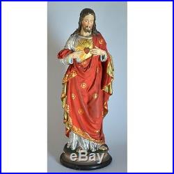 Antique Hand Painted Continental Plaster Religious Statue Sacred Heart of Jesus