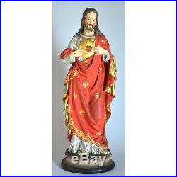 Antique Hand Painted Continental Plaster Religious Statue Sacred Heart of Jesus