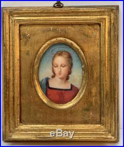 Antique Hand Painted MINIATURE PORTRAIT Framed Virgin Mary Signed Italian