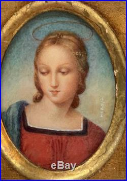 Antique Hand Painted MINIATURE PORTRAIT Framed Virgin Mary Signed Italian