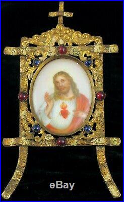 Antique Hand Painted Miniature Porcelain Painting Religious Jesus Portrait Jewel