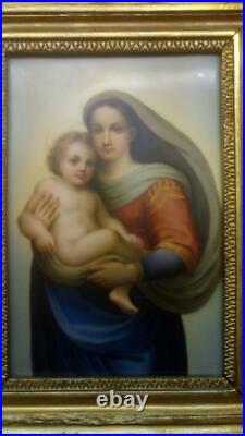 Antique Hand Painted Porcelain Plaque Tile Mary and Baby Jesus Religious