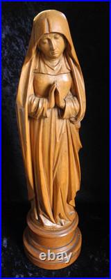 Antique Hand-carved Wooden Praying Virgin Mary Madonna Statue On Detachable Base