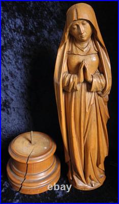 Antique Hand-carved Wooden Praying Virgin Mary Madonna Statue On Detachable Base