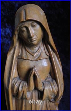 Antique Hand-carved Wooden Praying Virgin Mary Madonna Statue On Detachable Base