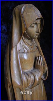 Antique Hand-carved Wooden Praying Virgin Mary Madonna Statue On Detachable Base