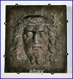 Antique Heavy Bronze Bas Relief Sculpture Plaque Jesus Crown of Thorns Religious