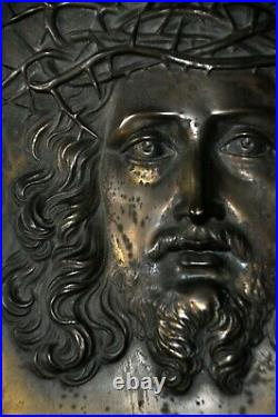 Antique Heavy Bronze Bas Relief Sculpture Plaque Jesus Crown of Thorns Religious