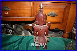 Antique Hindu Wood Carved Statue-Woman God In Prayer-Religious Spiritual-Glass