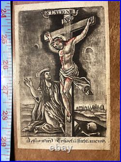 Antique Holy Card 1700's Religious Print Christ Cross Mary Magdalen