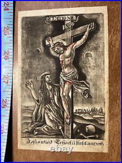 Antique Holy Card 1700's Religious Print Christ Cross Mary Magdalen